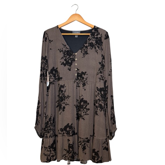 Hudson Gray Floral Black Mocha Long Sleeve Dress Women’s Large NWT - Picture 1 of 7